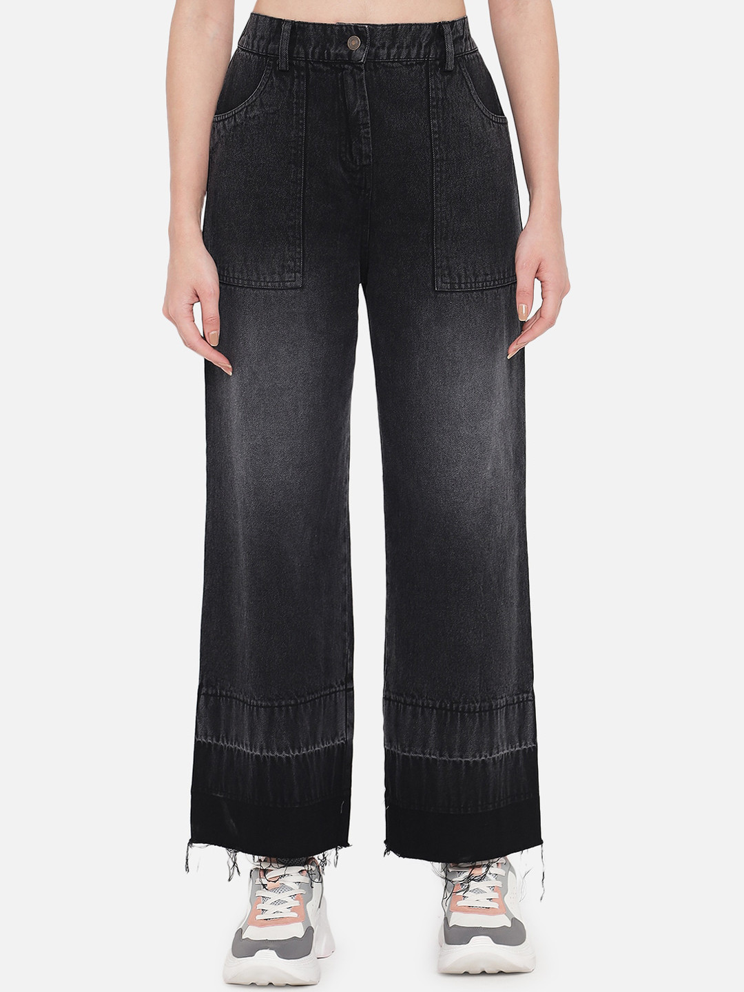 Orchid Blues Women Black Flared High-Rise Heavy Fade Patch Raw Crop Hem Pure Cotton  Jeans