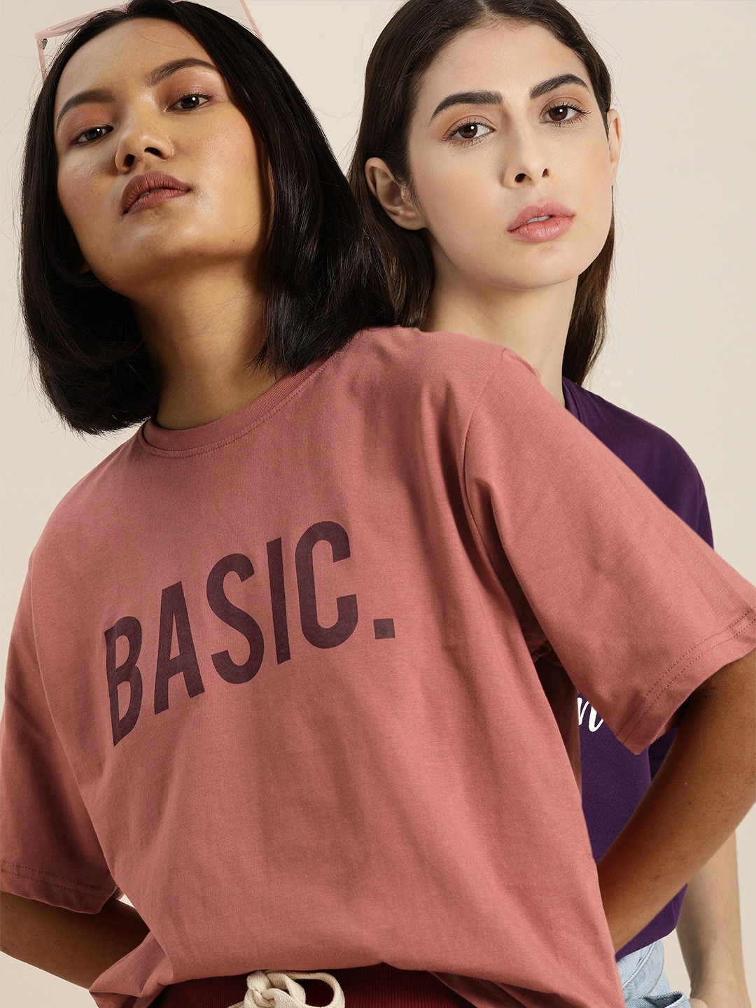 DILLINGER Women Purple & Mauve Set of 2 Printed Pure Cotton Oversized T-shirt