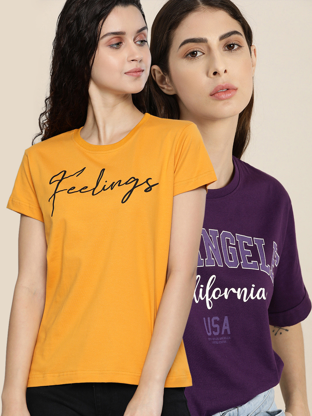 DILLINGER Women Purple & Yellow Set Of 2 Printed Pure Cotton Loose T-shirt
