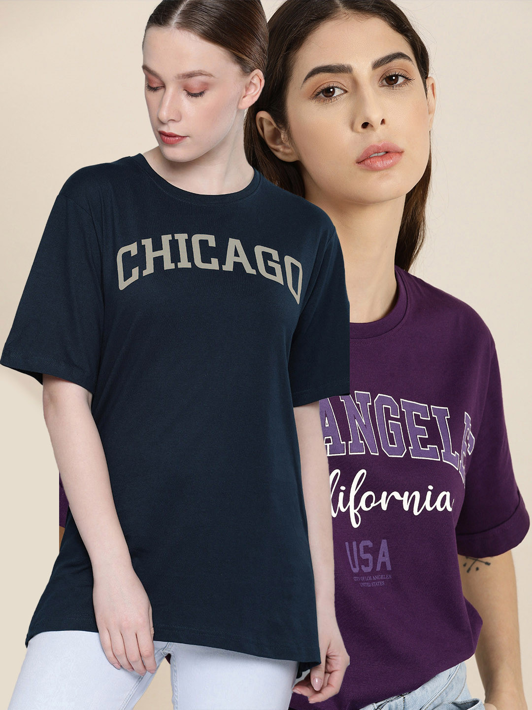 DILLINGER Women Purple Printed Set Of 2 Pure Cotton Loose T-shirt