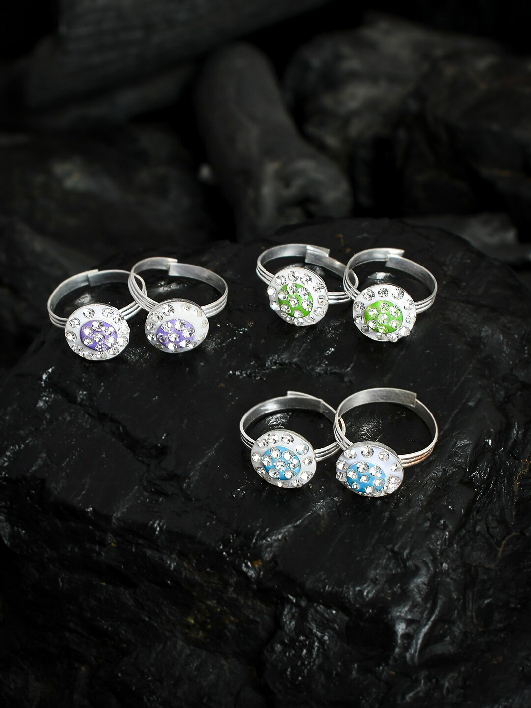 Silvermerc Designs Set Of 3 Silver-Plated Meenakari Toe Rings