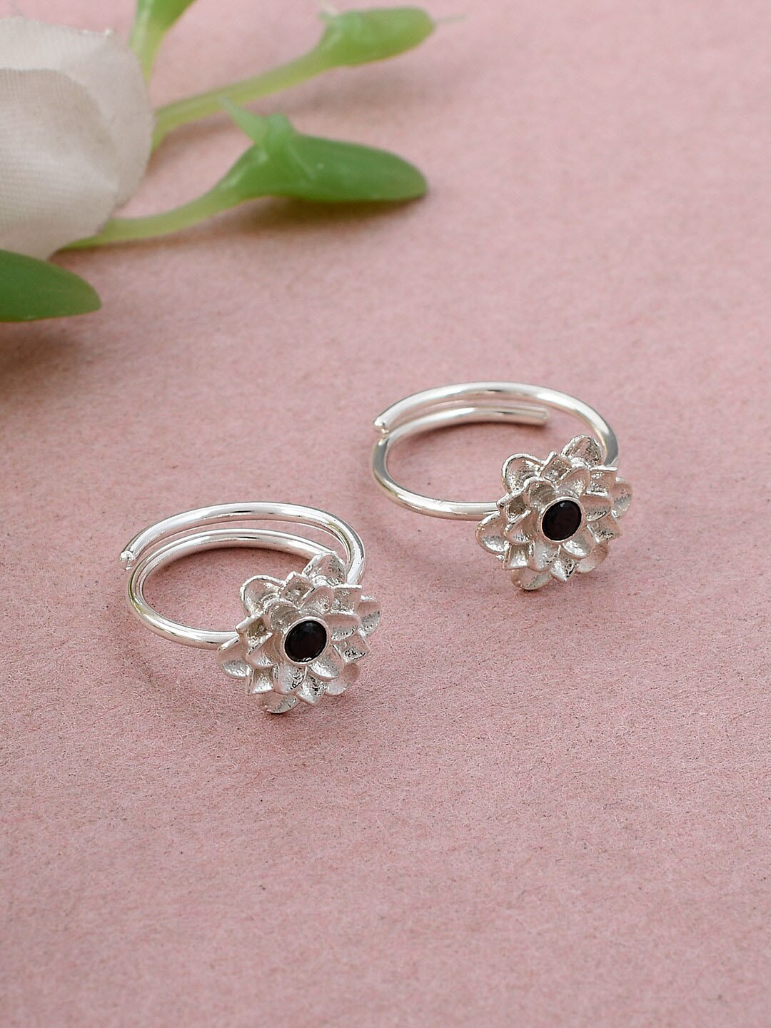 Silvermerc Designs Set Of 2 Silver-Plated & Black Quartz-Studded Adjustable Toe Rings