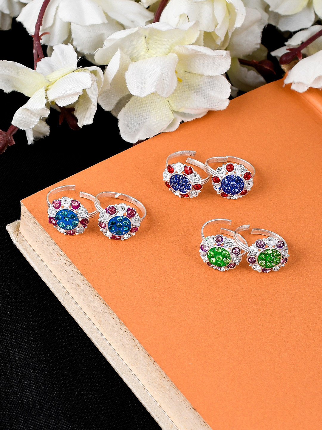 Silvermerc Designs Set Of 3 Silver-Plated Blue & Green Stone-Studded Toe Rings
