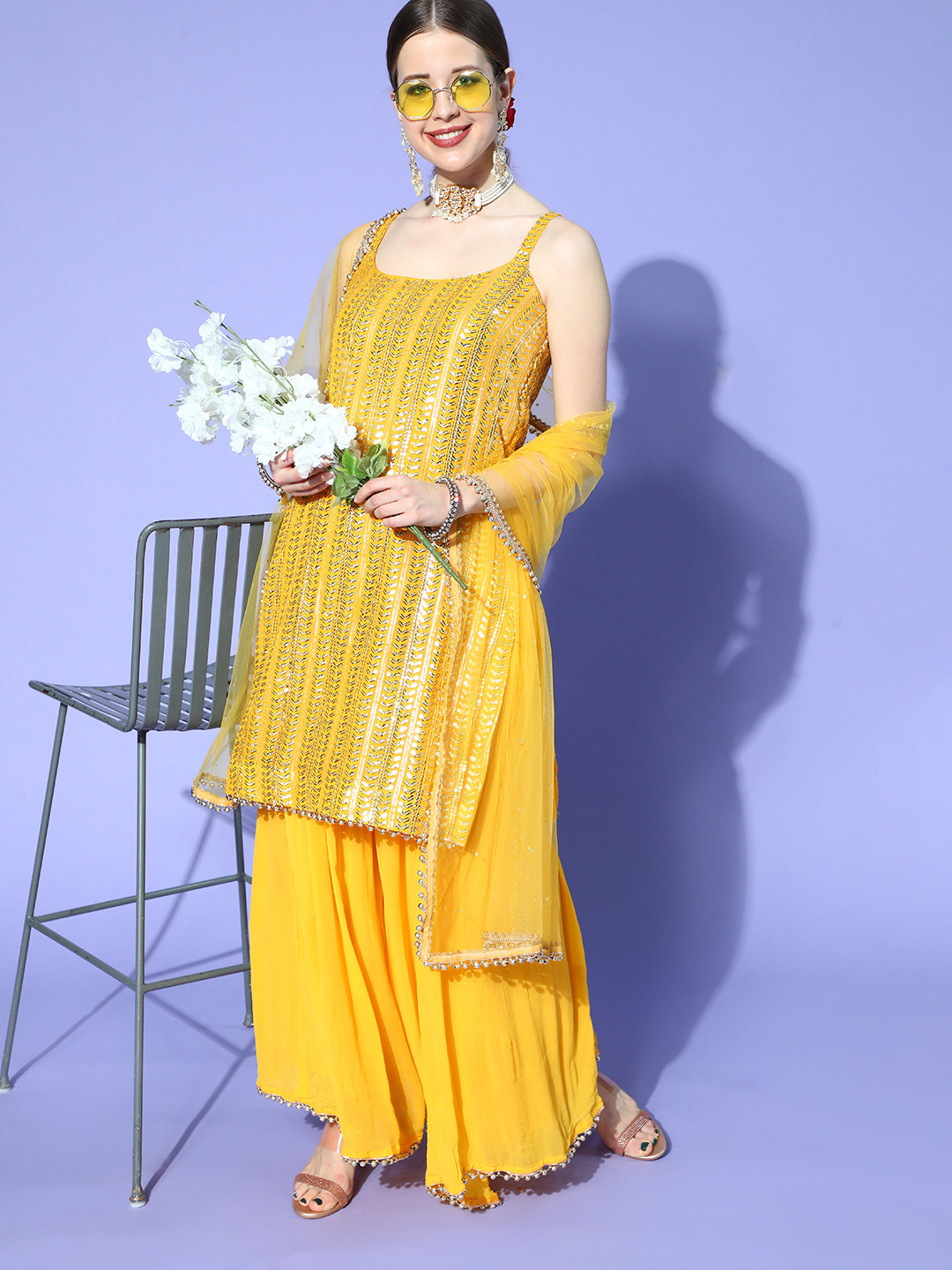 Chhabra 555 Women Mustard Poly Georgette Bling it On Kurta Set