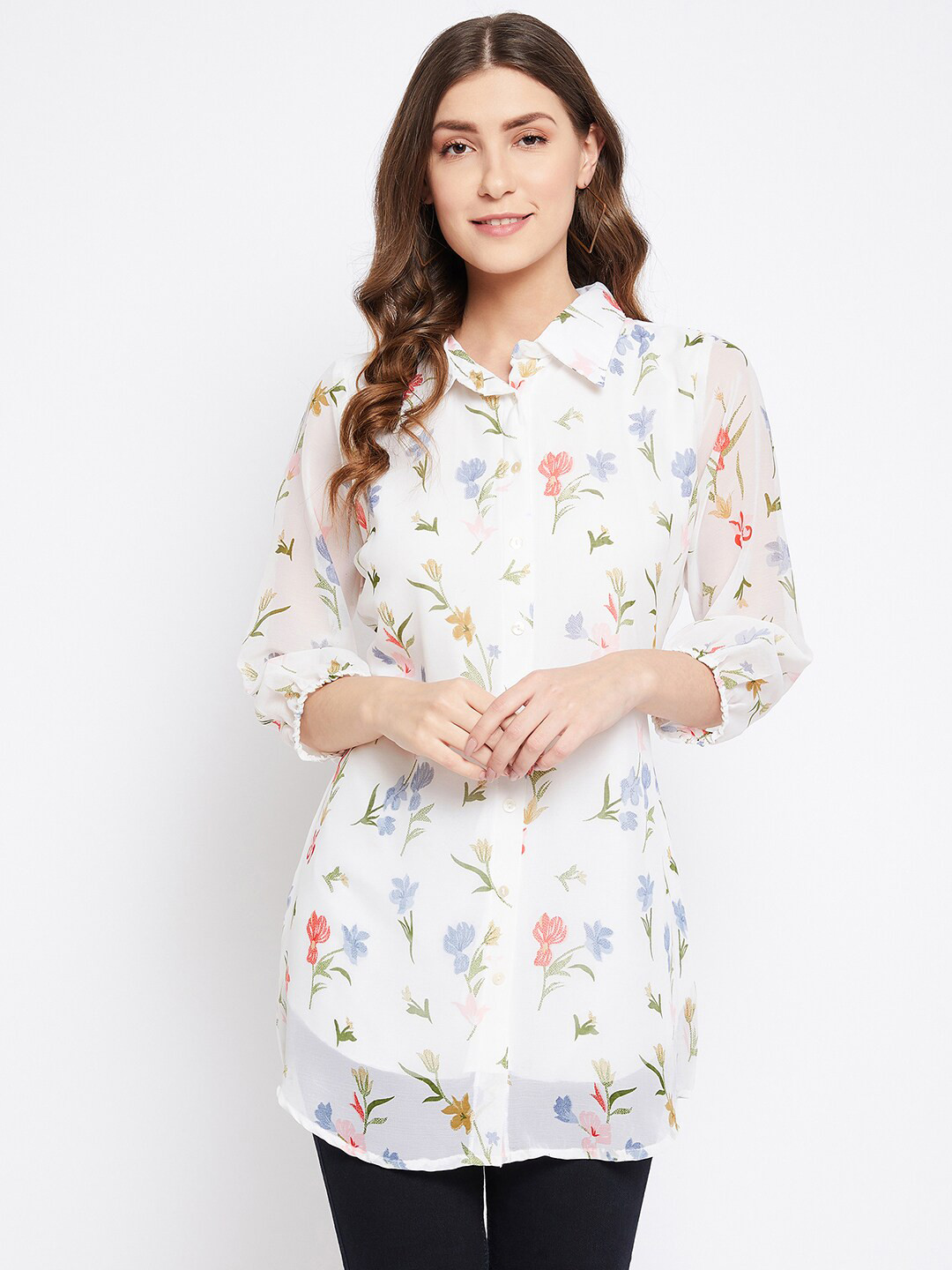 Bitterlime White & Blue Shirt Collar Floral Printed Tunic
