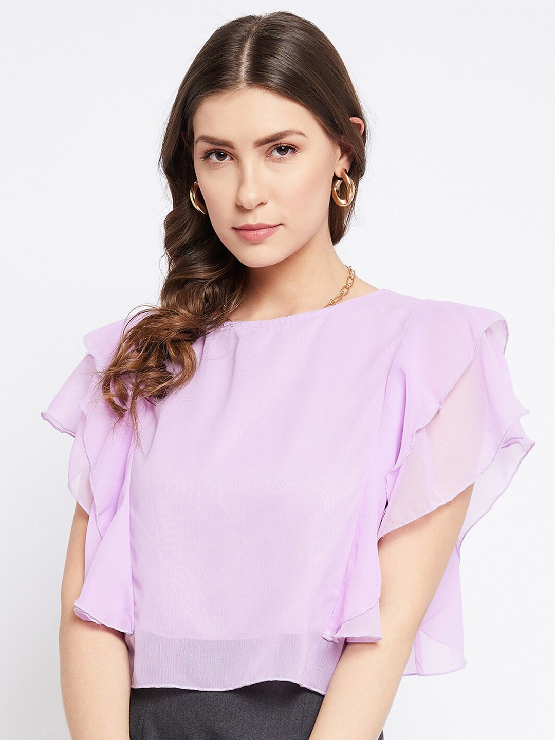 Bitterlime Women Mauve Ruffle Top With Flutter Sleeves