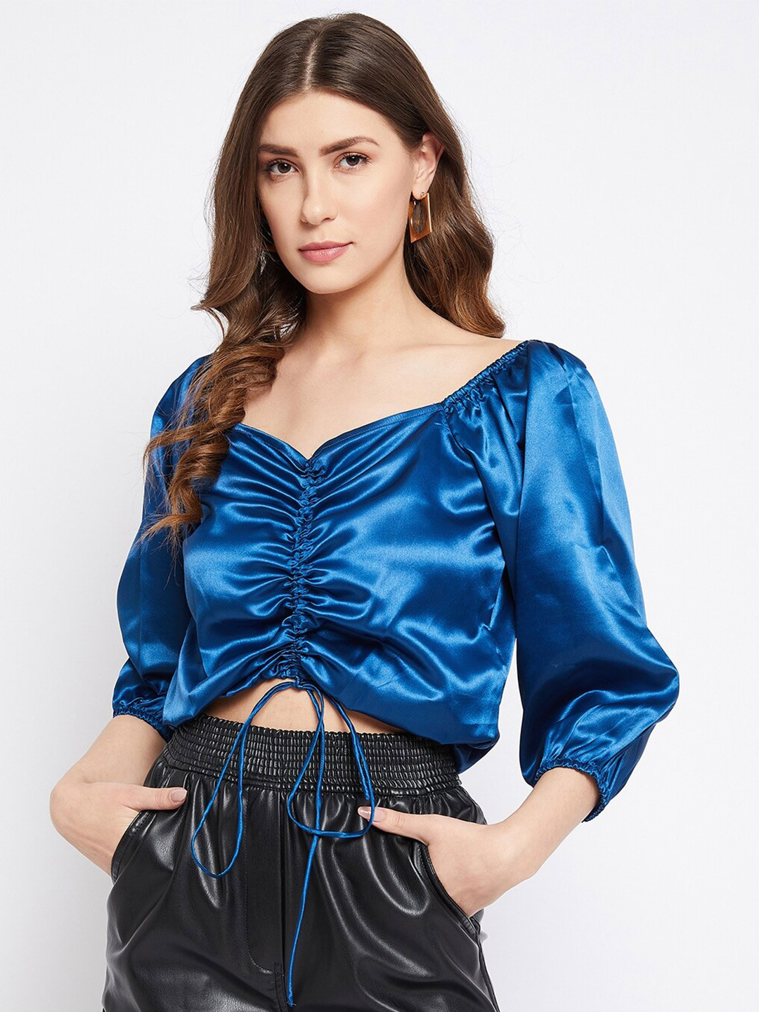 Bitterlime Turquoise Blue Solid Off-Shoulder Satin Bardot Crop Top