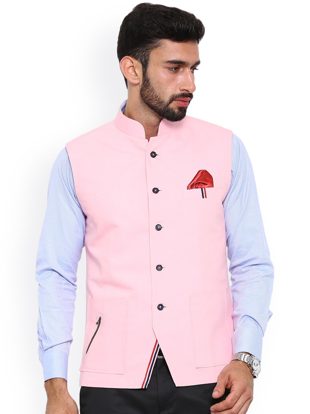 pink shirt with nehru jacket