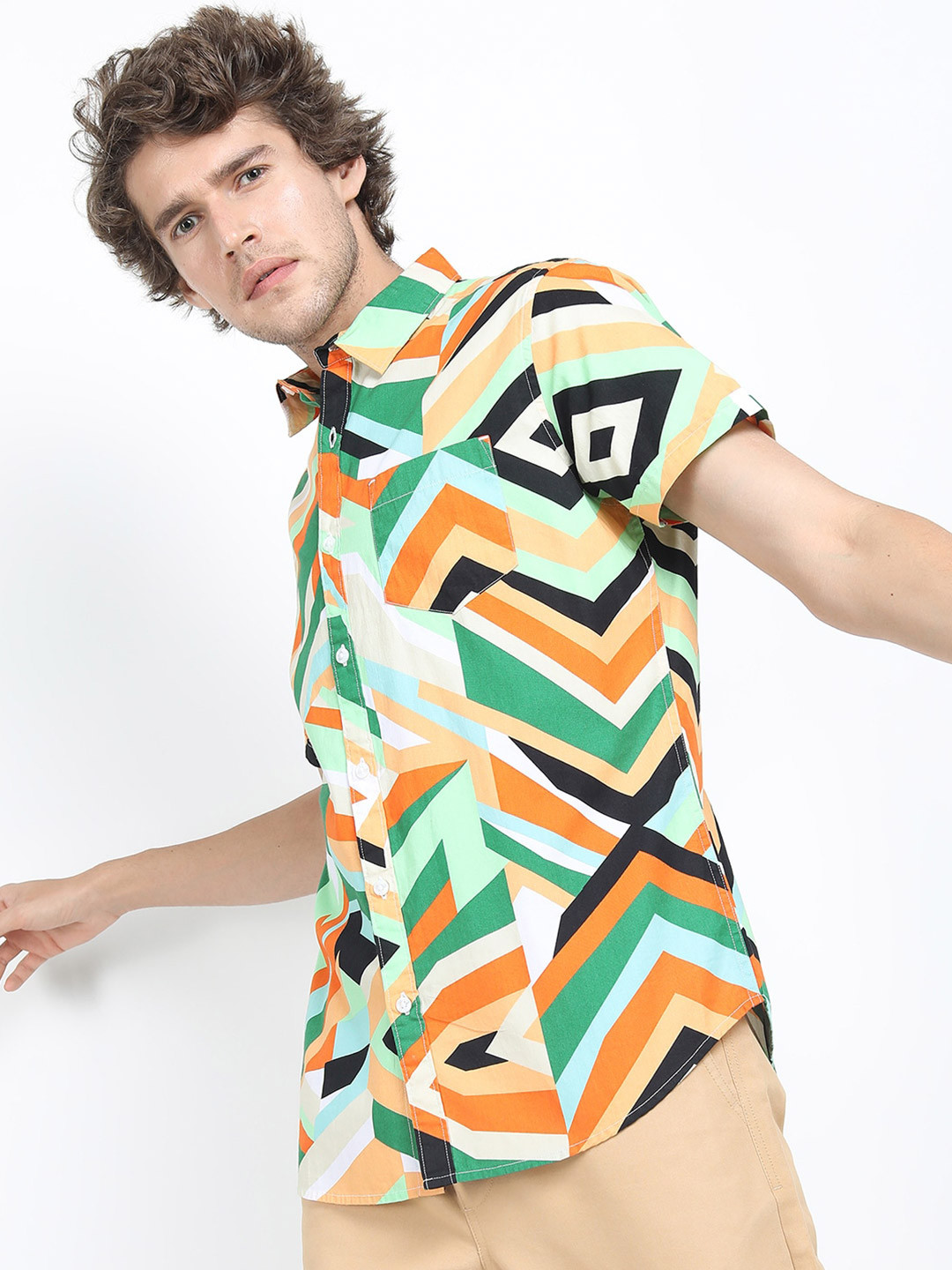 KETCH Men Green & Orange Slim Fit Geometric Printed Cotton Casual Shirt