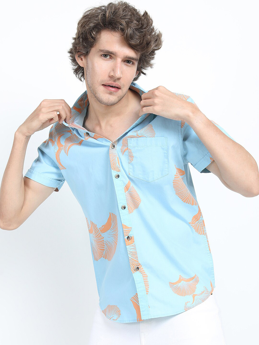 LOCOMOTIVE Men Blue & Orange Slim Fit Cotton Casual Shirt