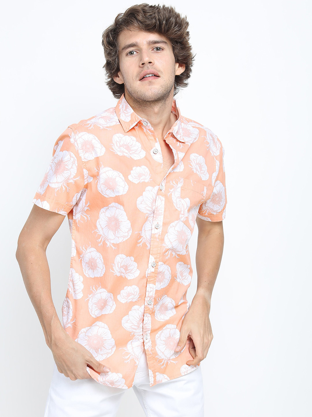LOCOMOTIVE Men Peach Slim Fit Printed Casual Shirt