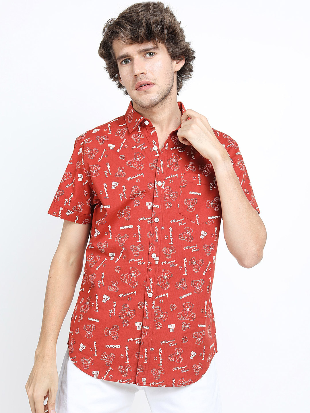 LOCOMOTIVE Men Rust Slim Fit Printed Cotton Casual Shirt