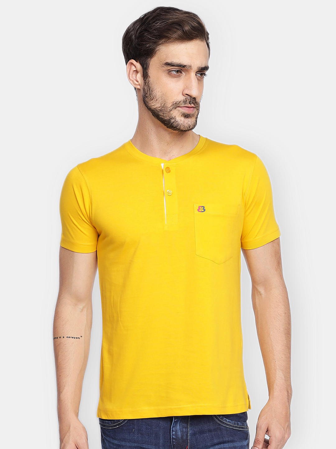 berry blues Men Yellow Henley Neck Cotton T-shirt