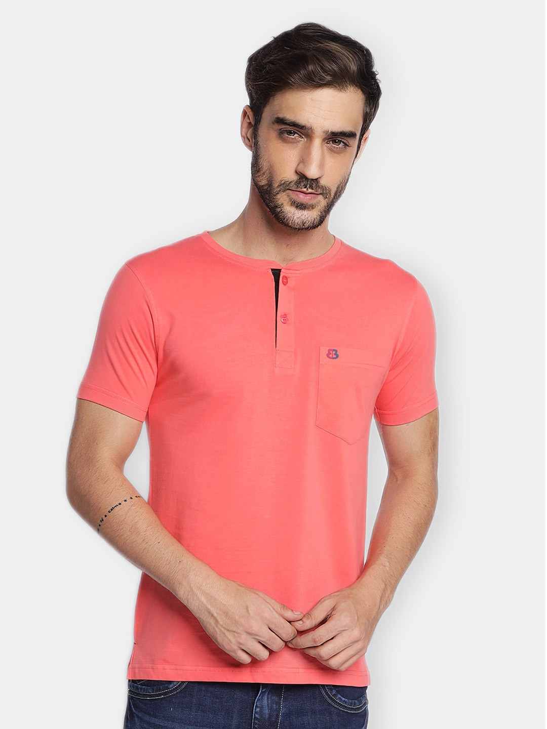 berry blues Men Pink Henley Neck Cotton T-shirt