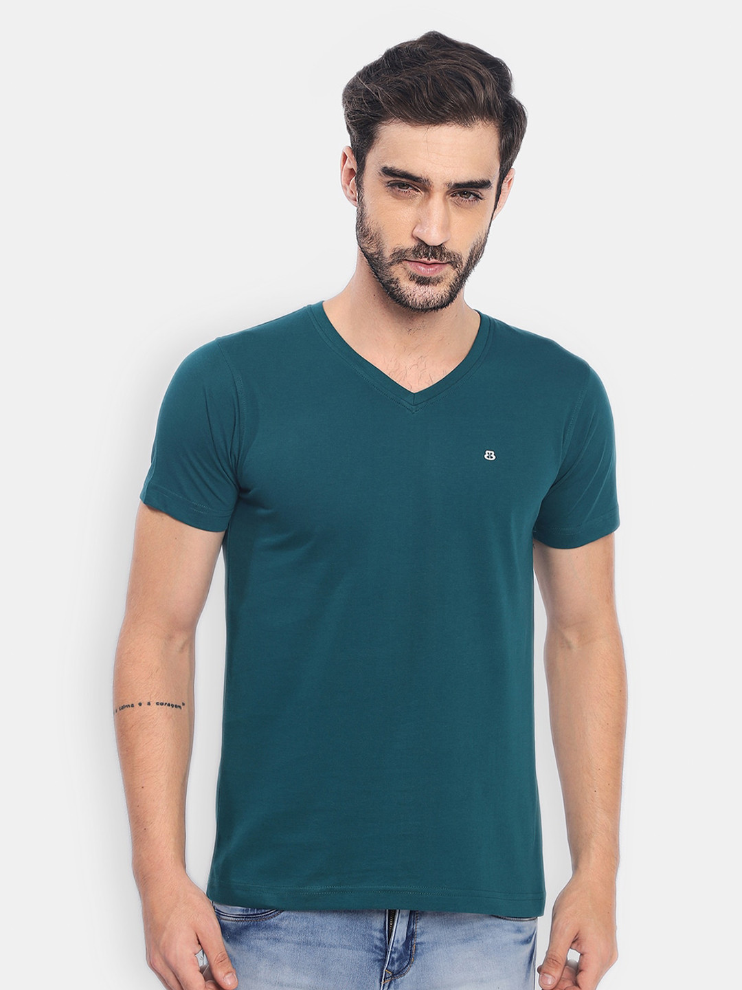 berry blues Men Teal Green V-Neck Cotton T-shirt