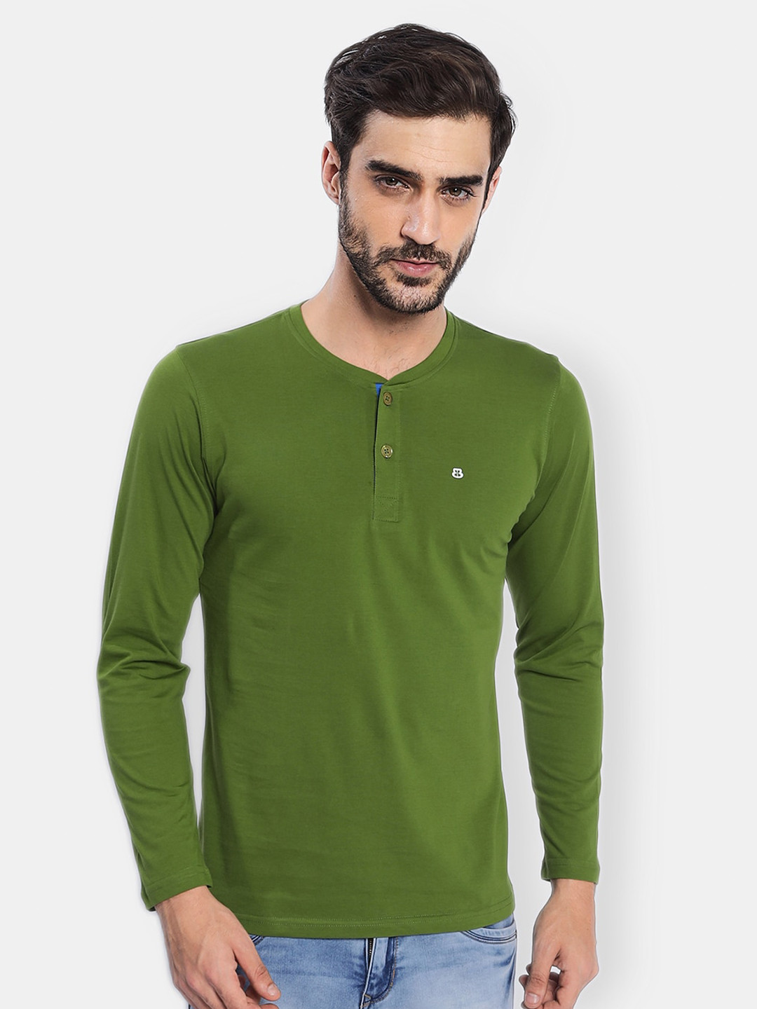 berry blues Men Olive Green Henley Neck Cotton T-shirt