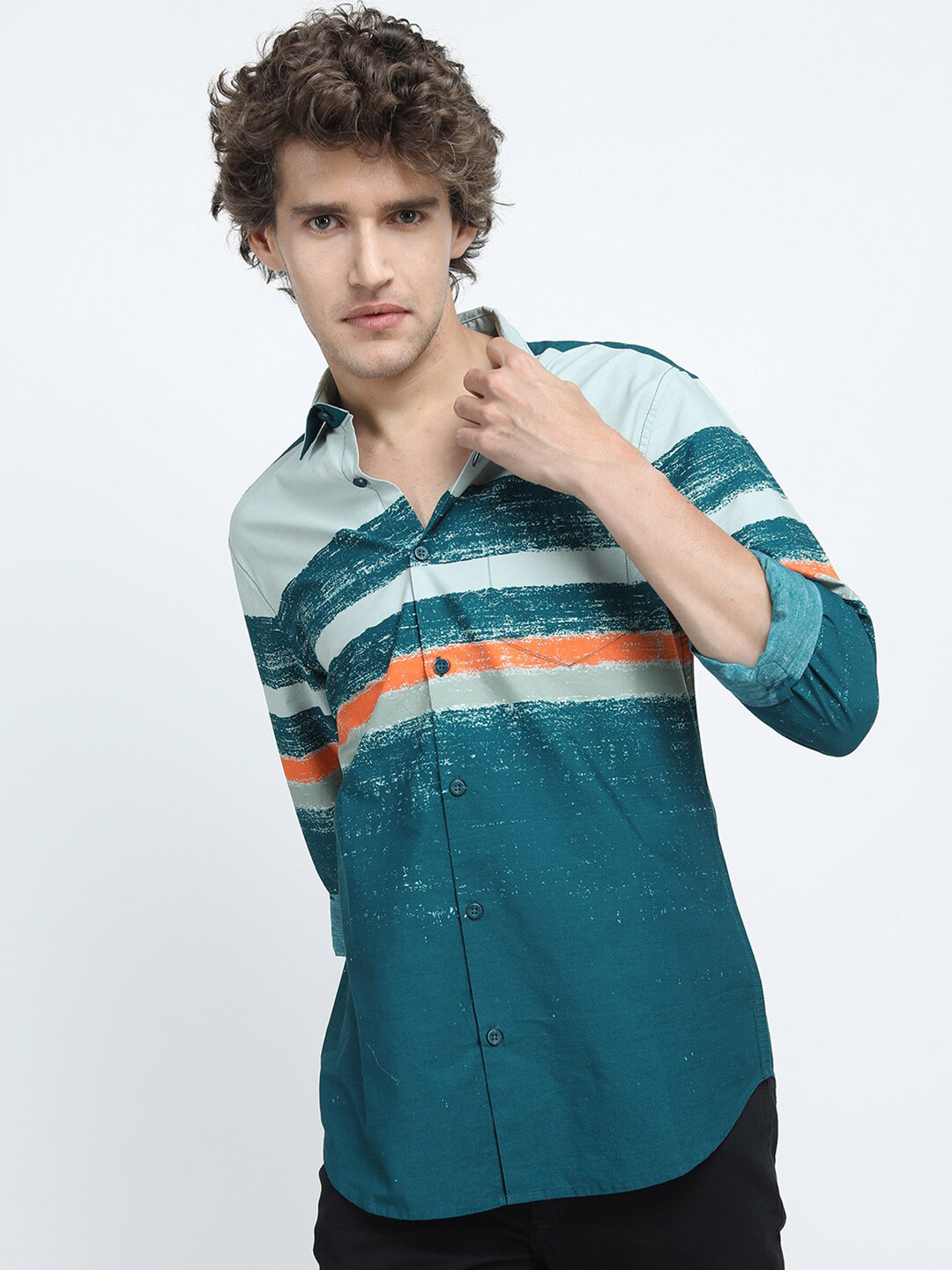 HIGHLANDER Men Green Slim Fit Horizontal Striped Cotton Casual Shirt