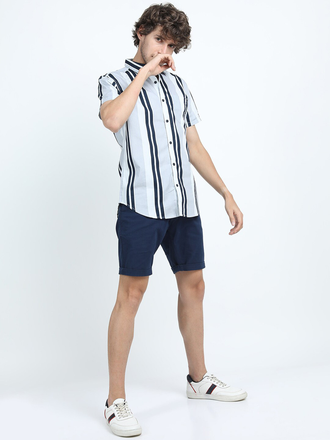 HIGHLANDER Men Grey & Navy Blue Slim Fit Striped Cotton Casual Shirt