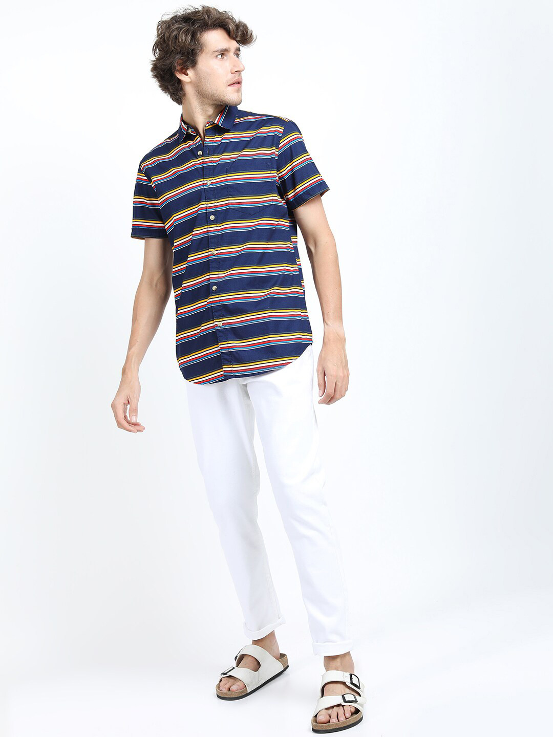 HIGHLANDER Men Navy Blue & Yellow Slim Fit Horizontal Stripes Striped Cotton Casual Shirt