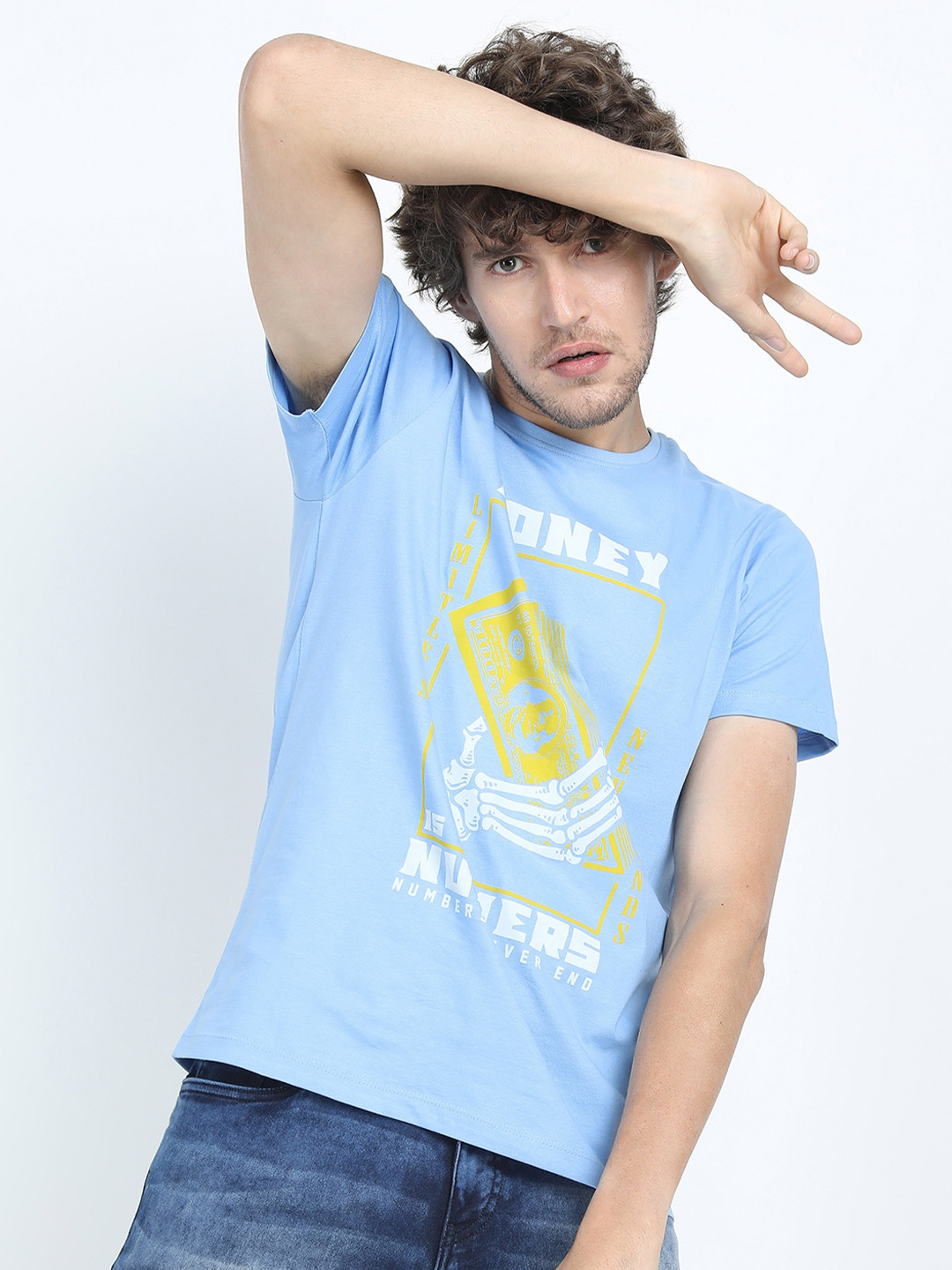 HIGHLANDER Men Blue Raw Edge Typography Printed Slim Fit T-shirt