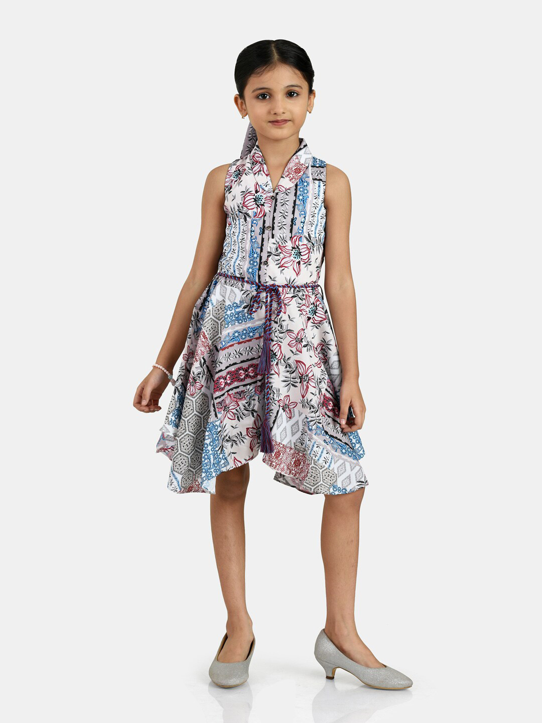 Peppermint Girls Maroon Shawl Neck Printed Jumpsuit