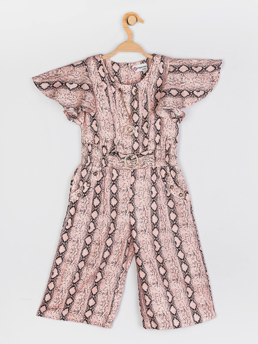 Peppermint Girls Peach-Coloured & Black Printed Jumpsuit