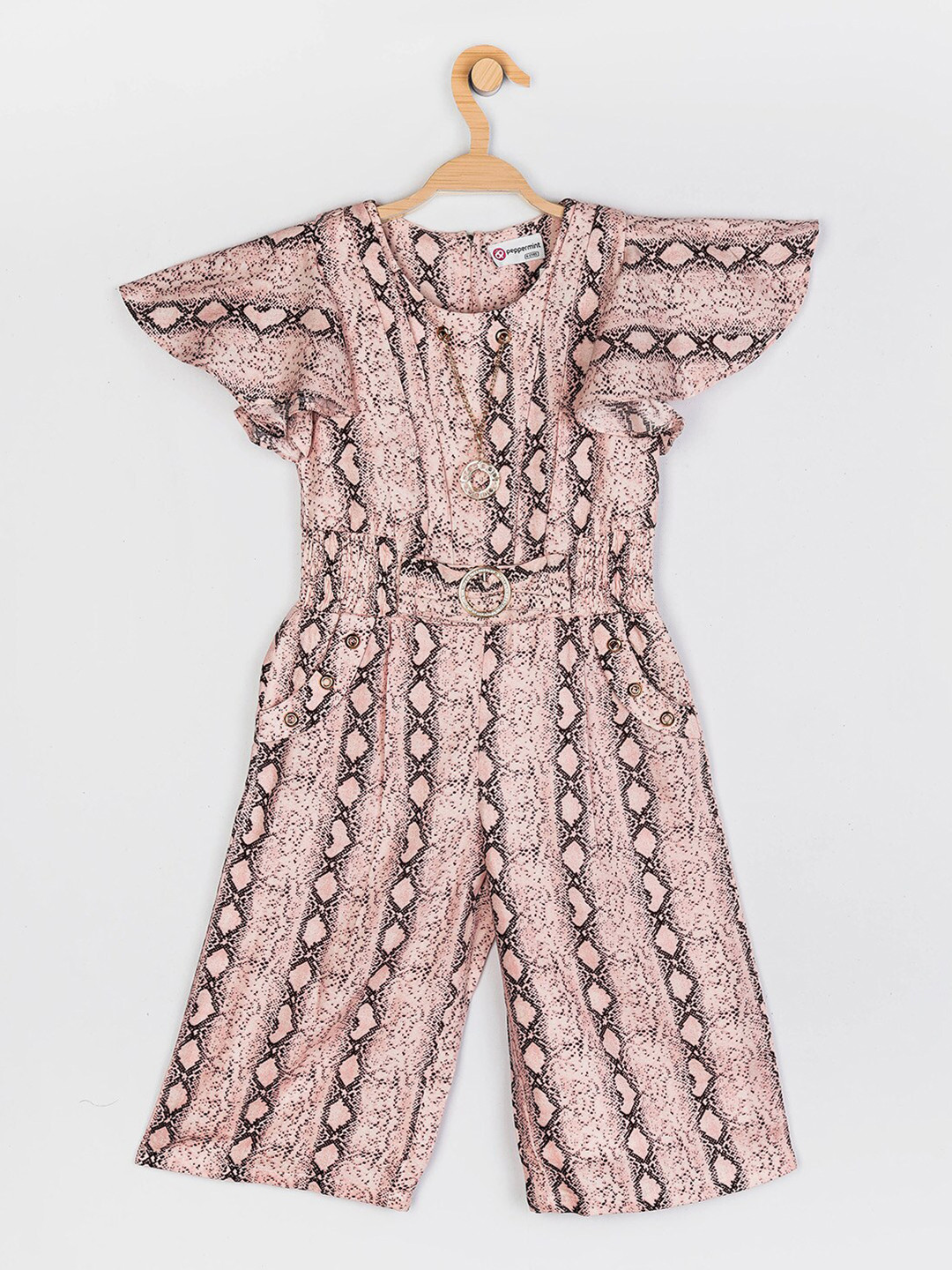 Peppermint Girls Peach-Coloured & Black Printed Basic Jumpsuit