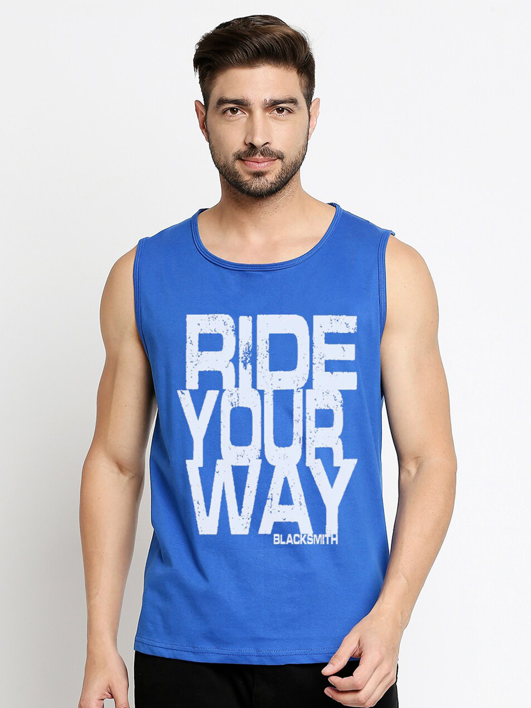 Blacksmith Men Blue & White Typography Printed Sleeveless Training or Gym T-shirt