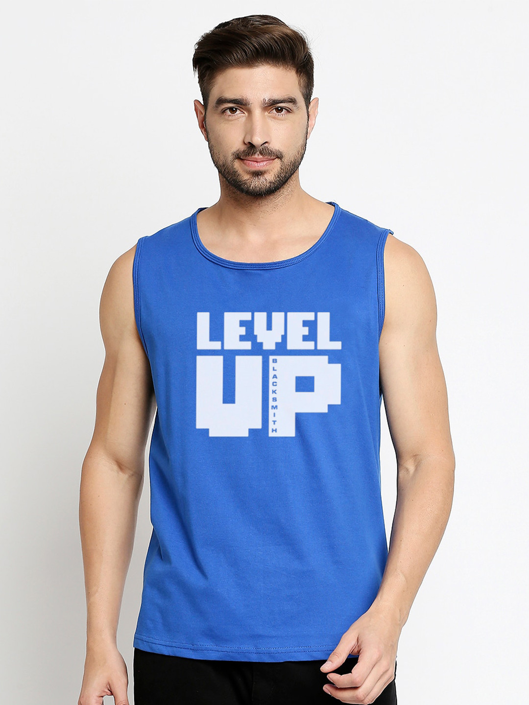 Blacksmith Men Blue & White Typography Printed Sleeveless Training or Gym T-shirt