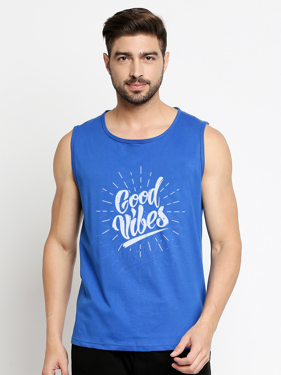 Blacksmith Men Blue & White Typography Printed Sleeveless Training or Gym Cotton T-shirt