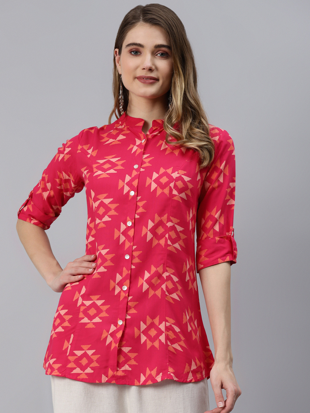 Divena Pink Geometric Print Shirt Style Top