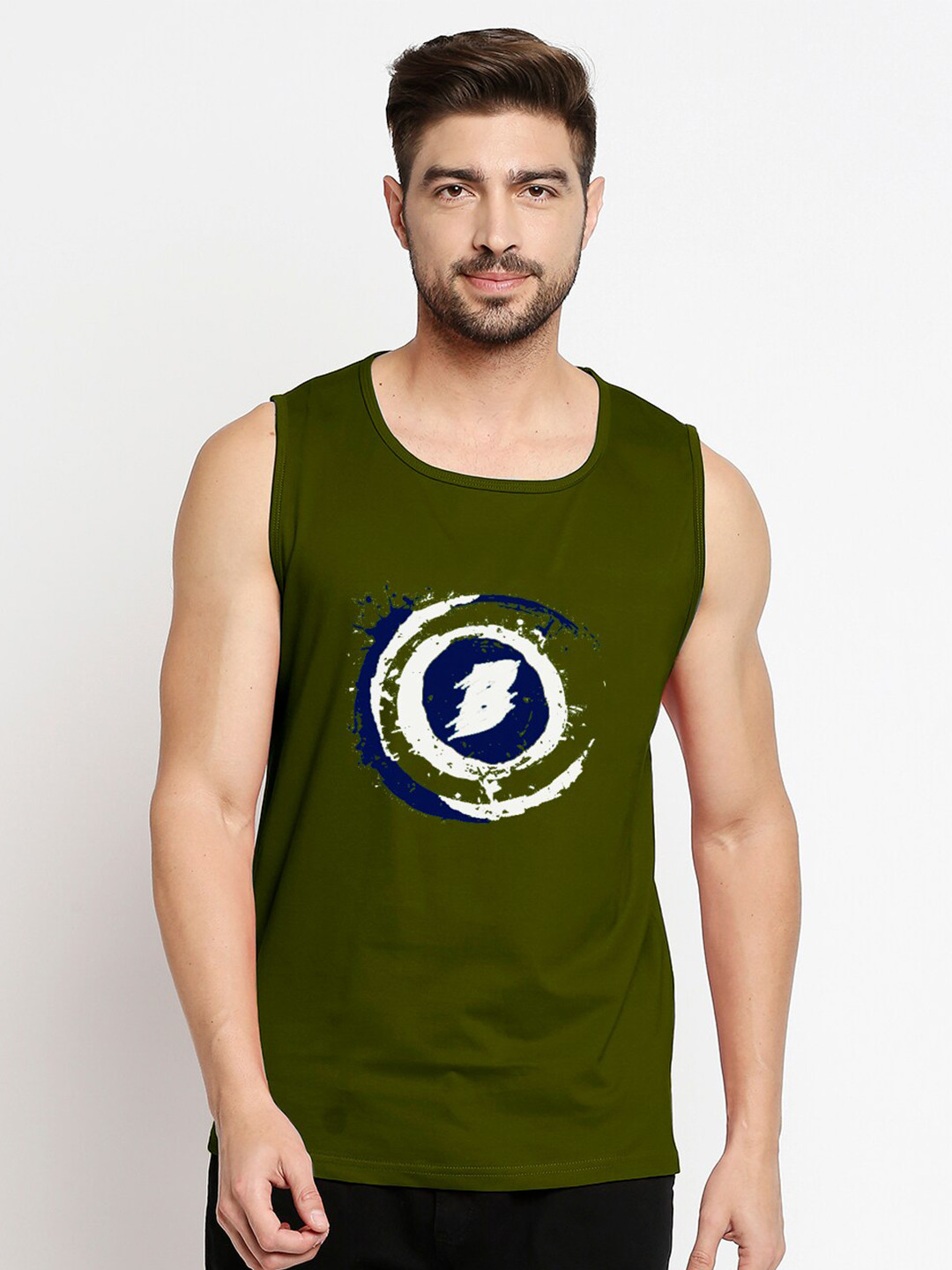 Blacksmith Men Green Printed Sleeveless Training or Gym Cotton T-shirt