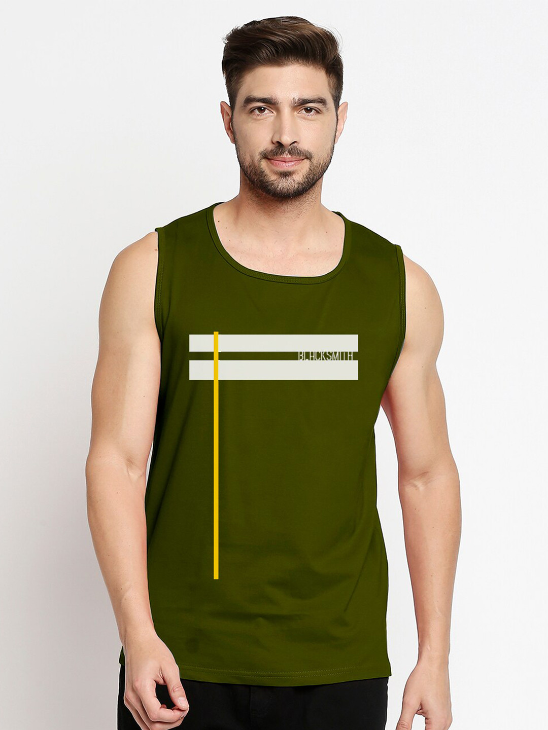 Blacksmith Men Green & White Printed Sleeveless Training or Gym Cotton T-shirt