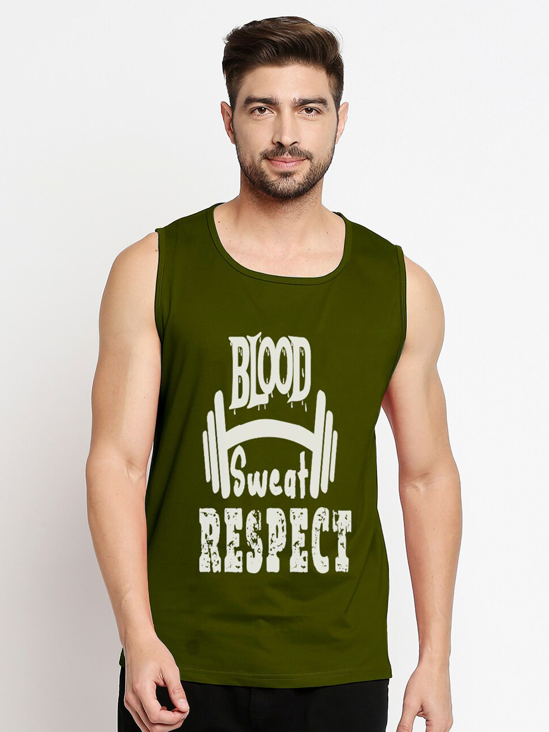 Blacksmith Men Green & White Typography Printed Sleeveless Training or Gym Cotton T-shirt
