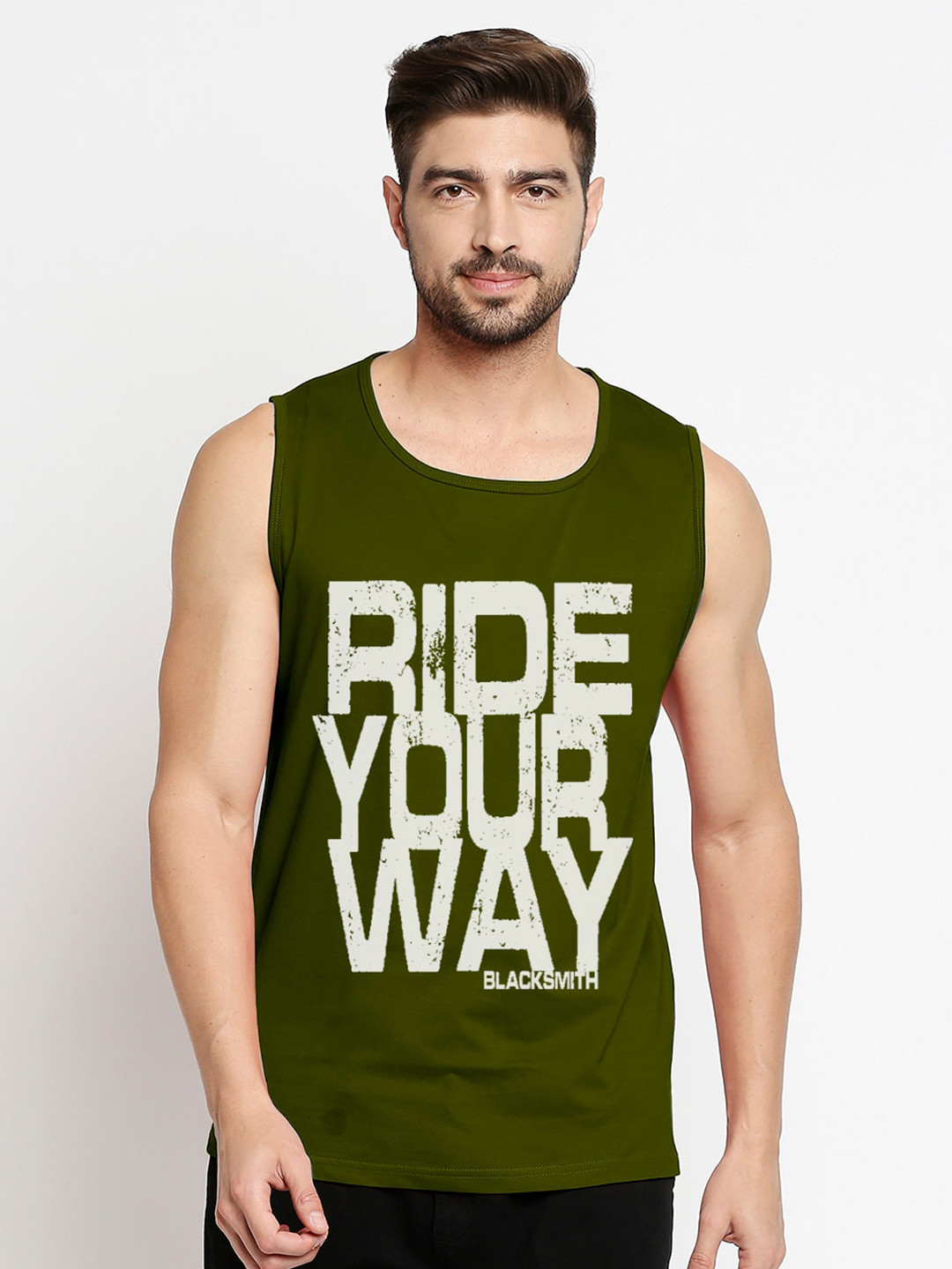 Blacksmith Men Olive Green & White Typography Printed Training or Gym Pure Cotton T-shirt