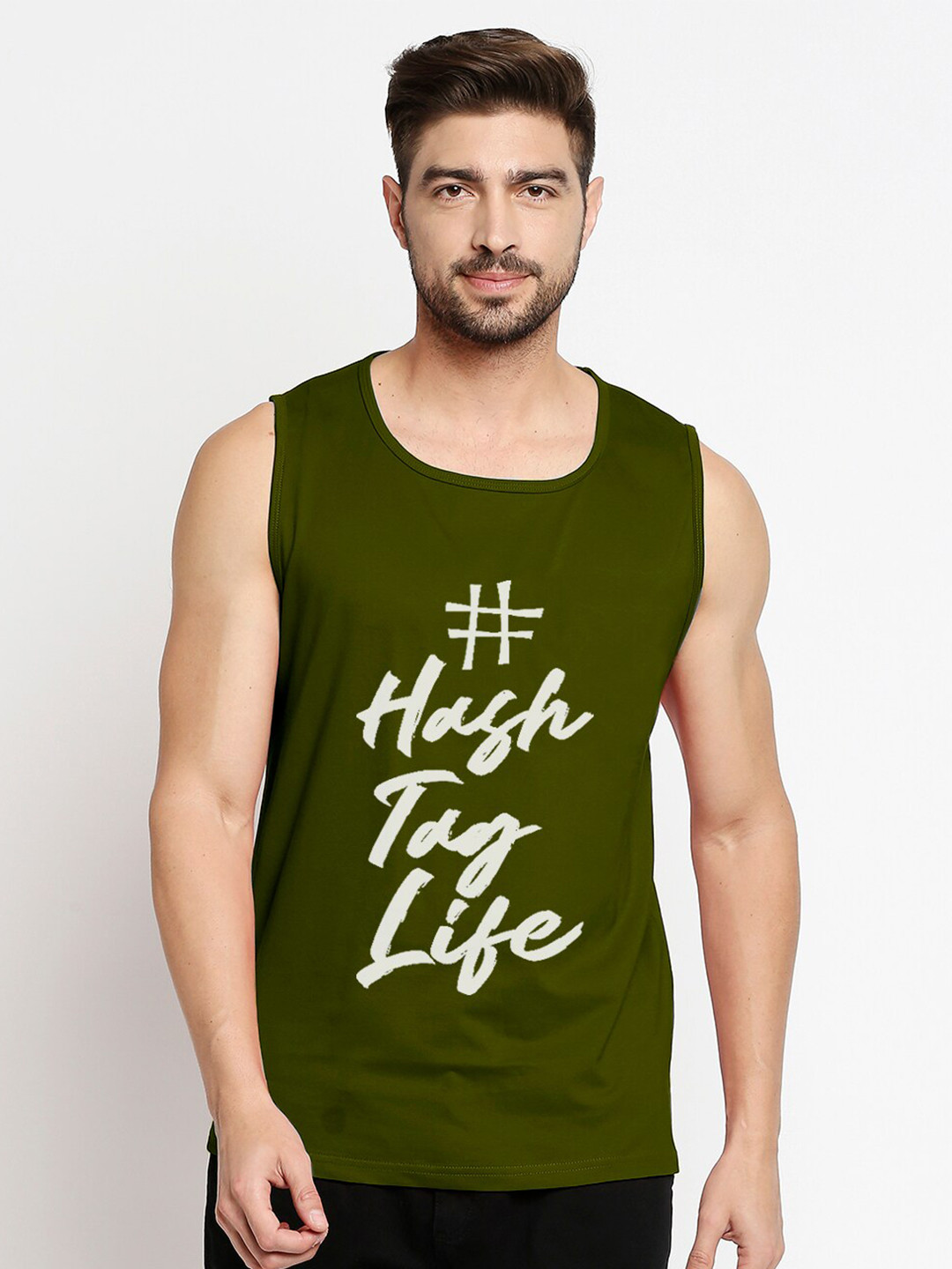 Blacksmith Men Green & White Typography Printed Sleeveless Training or Gym Cotton T-shirt