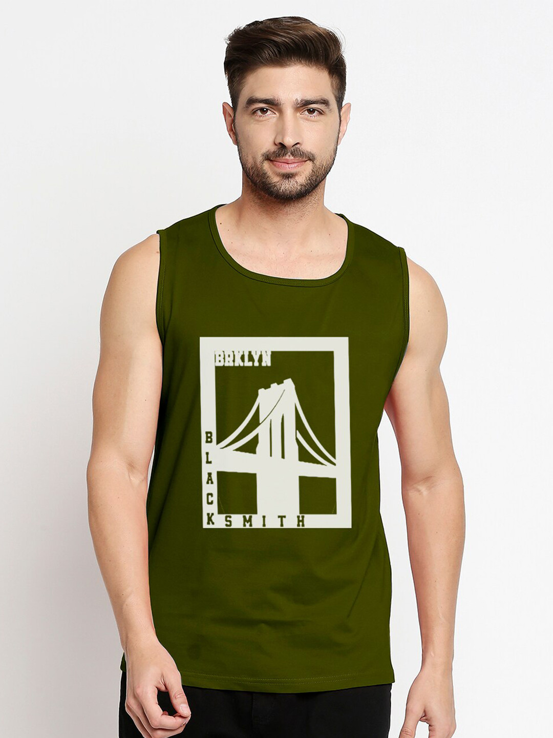 Blacksmith Men Olive Green & Yellow Printed Training or Gym Pure Cotton Sleeveless T-shirt