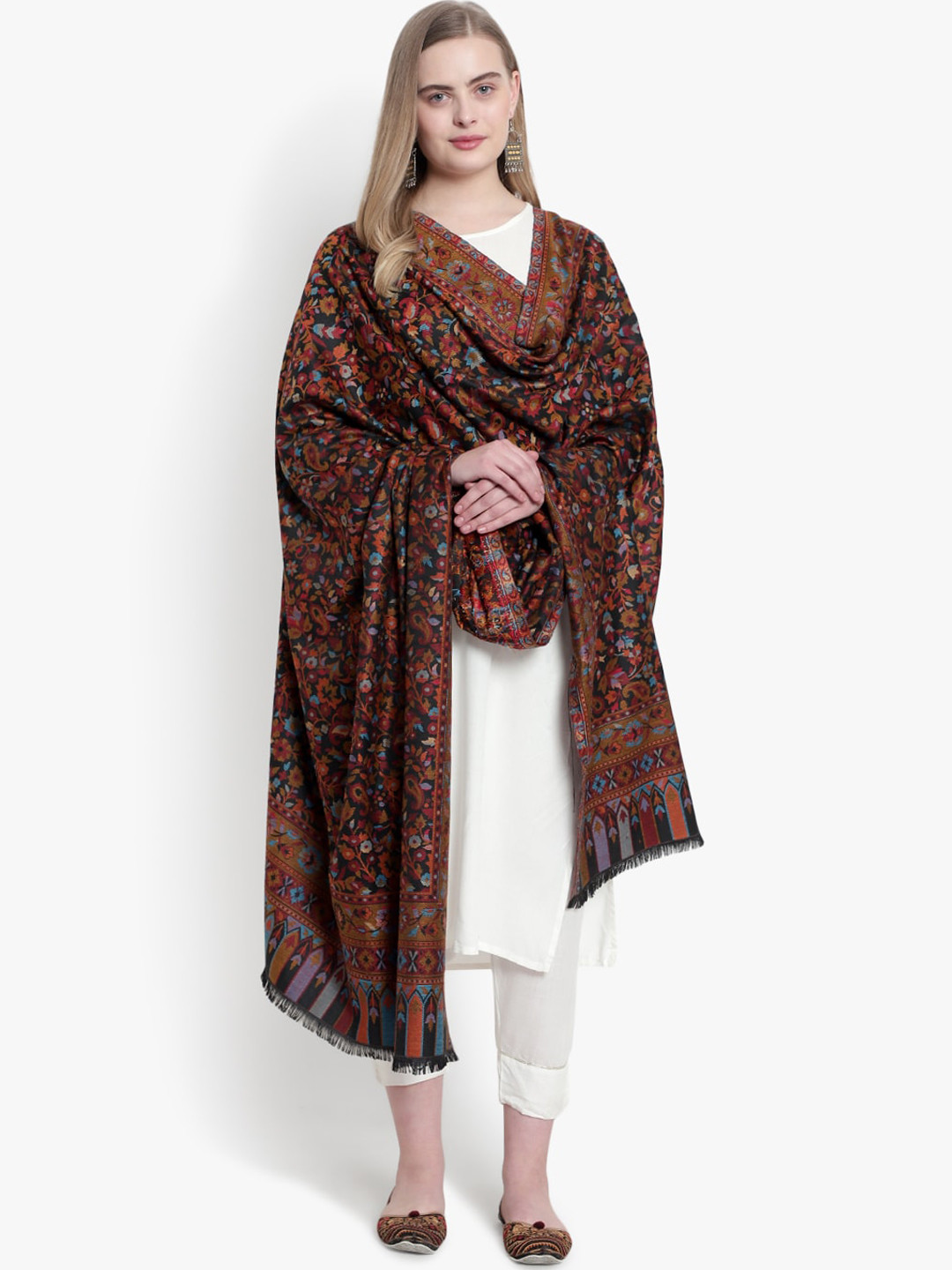 Mizash Women Black & Maroon Printed Woollen Shawl