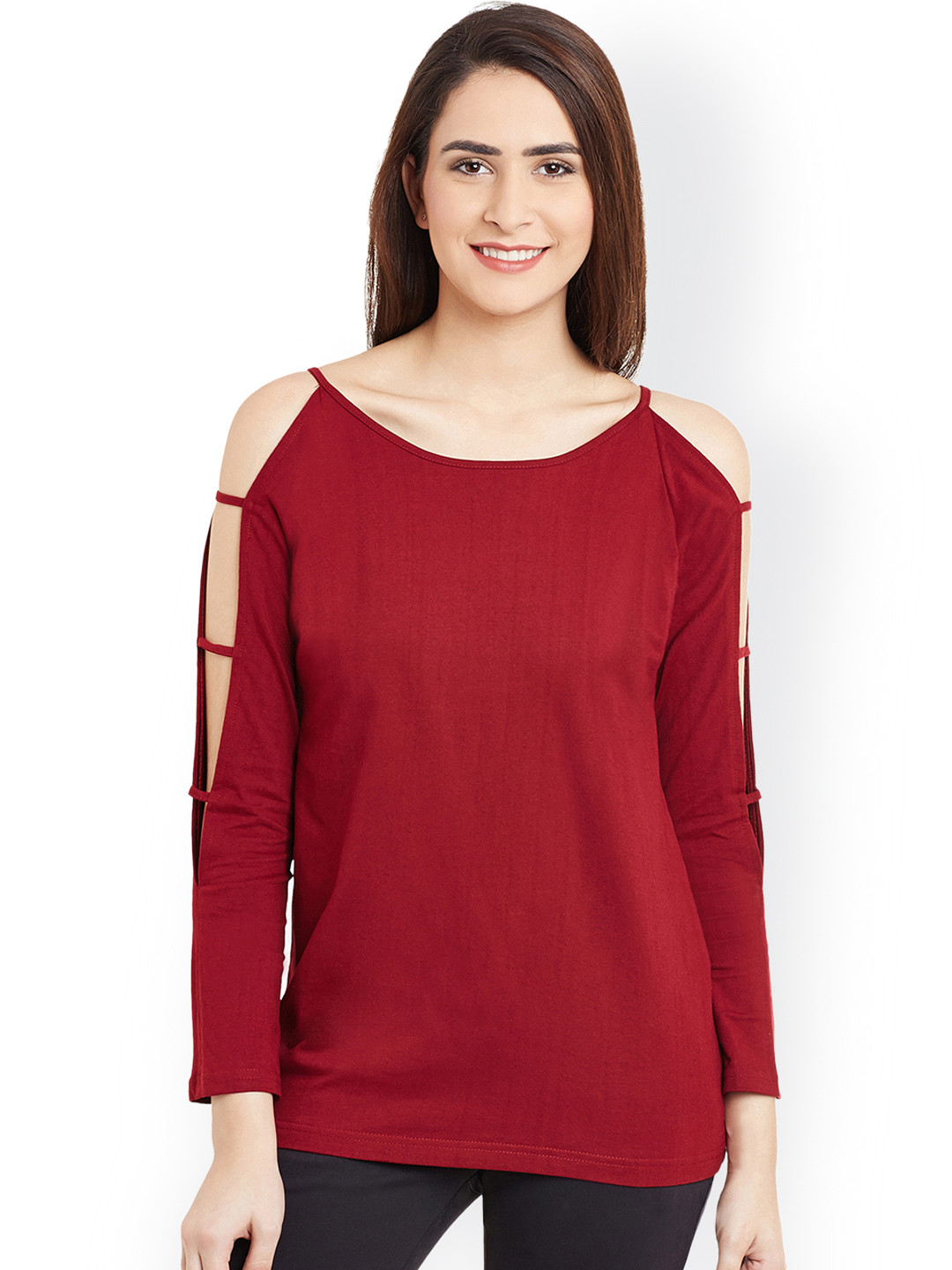 Miss Chase Women Maroon Solid Cold Shoulder Top