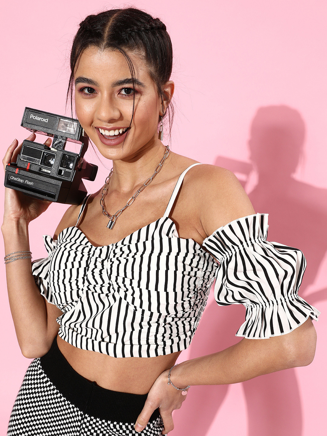 KASSUALLY Women Stylish Black Horizontal Striped Nuovo Sleeves Top