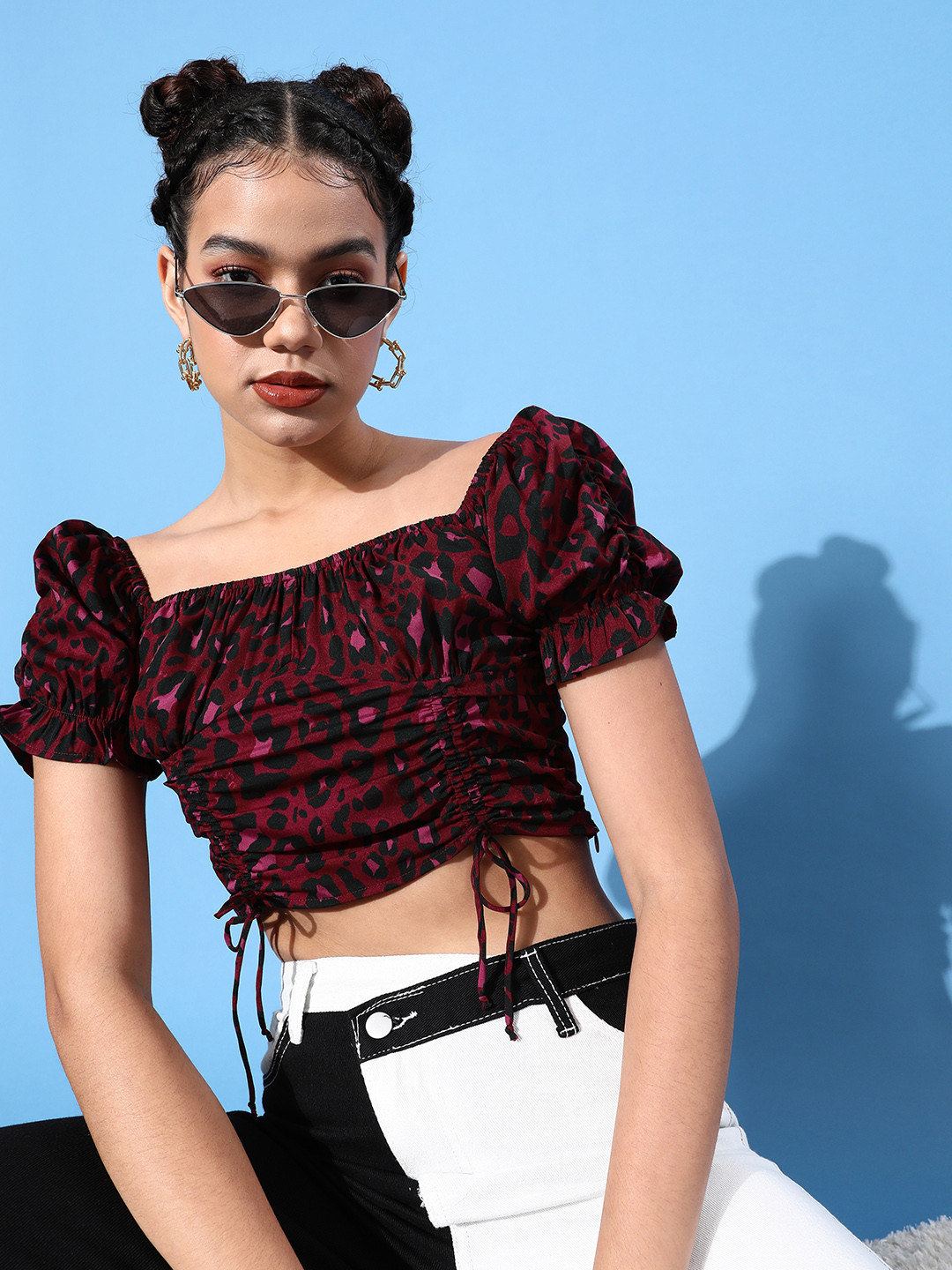 KASSUALLY Women Deep Burgundy Animal Bustier Top