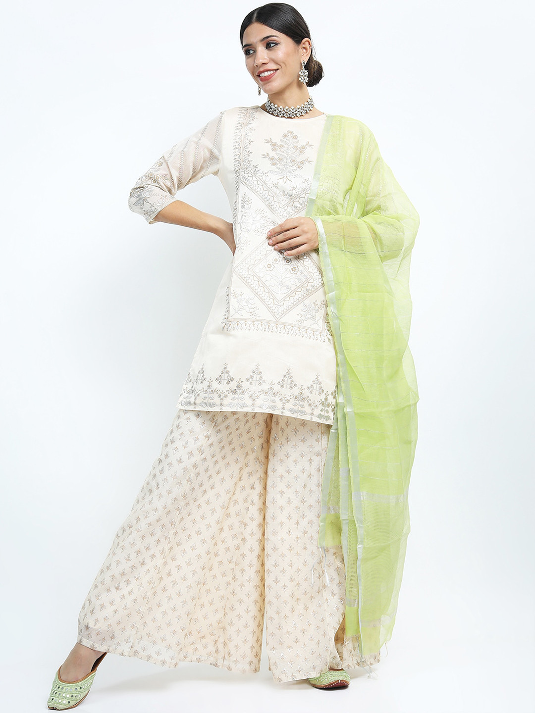 Vishudh Women White Ethnic Motifs Embroidered Kurta with Palazzos & Dupatta