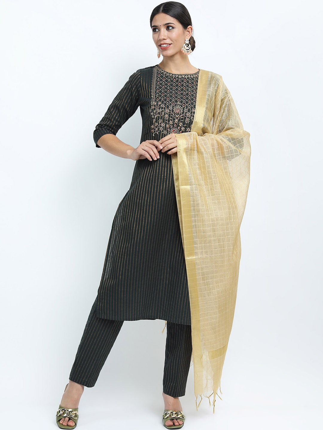 Vishudh Women Green & Gold Coloured Pure Cotton Kurta with Trousers & Dupatta