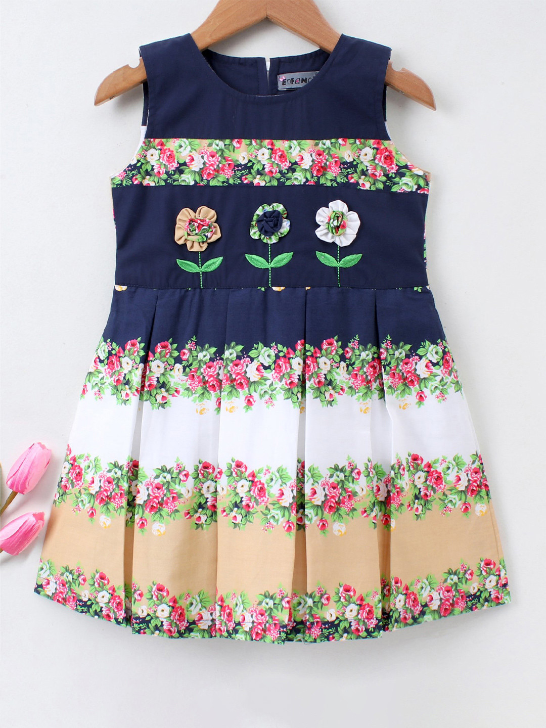Enfance Girls Navy Blue & Beige Floral Printed Dress