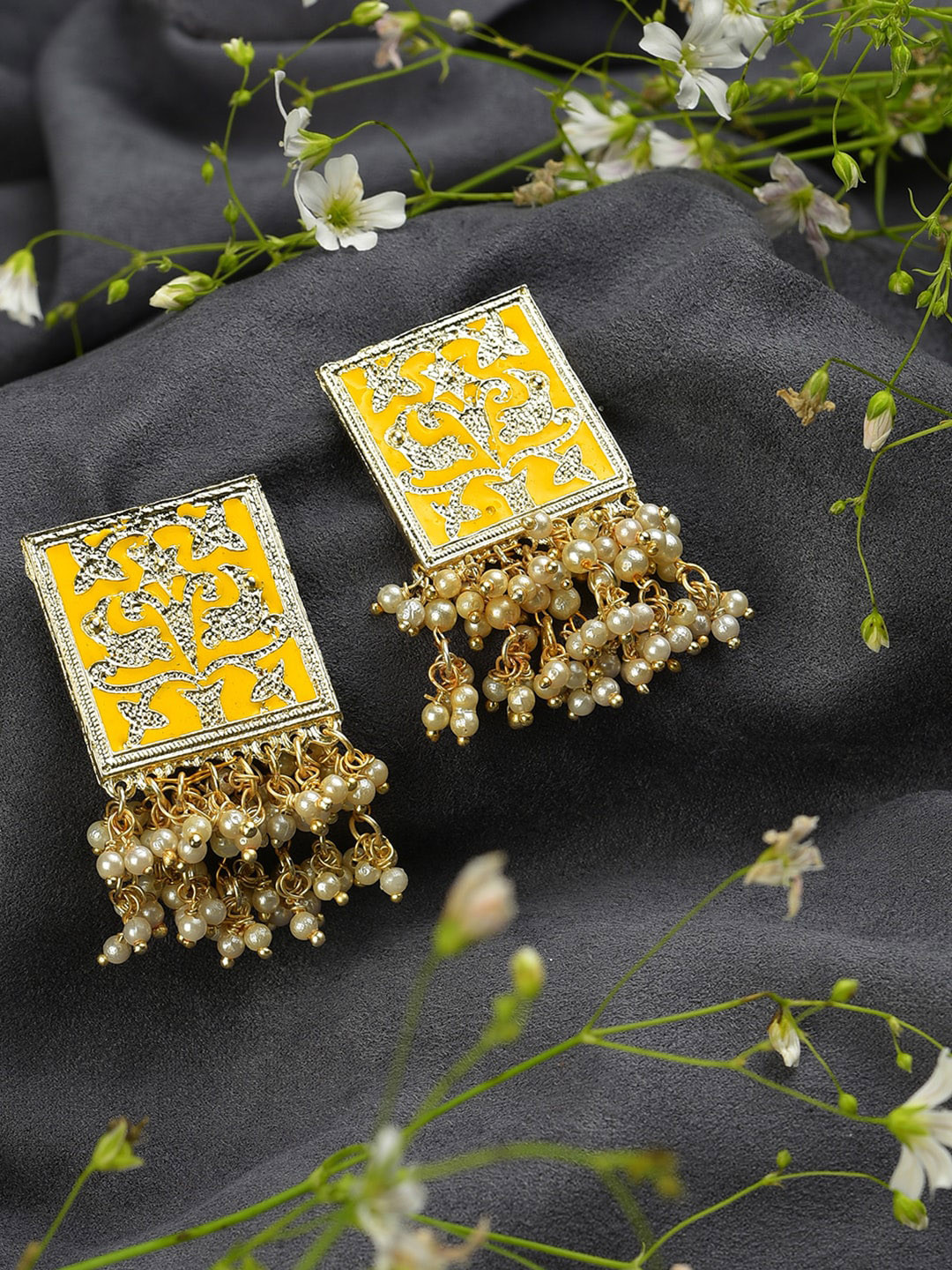 SOHI Gold-Plated Green Pearls Stud Yellow Meenakari Drop Earrings