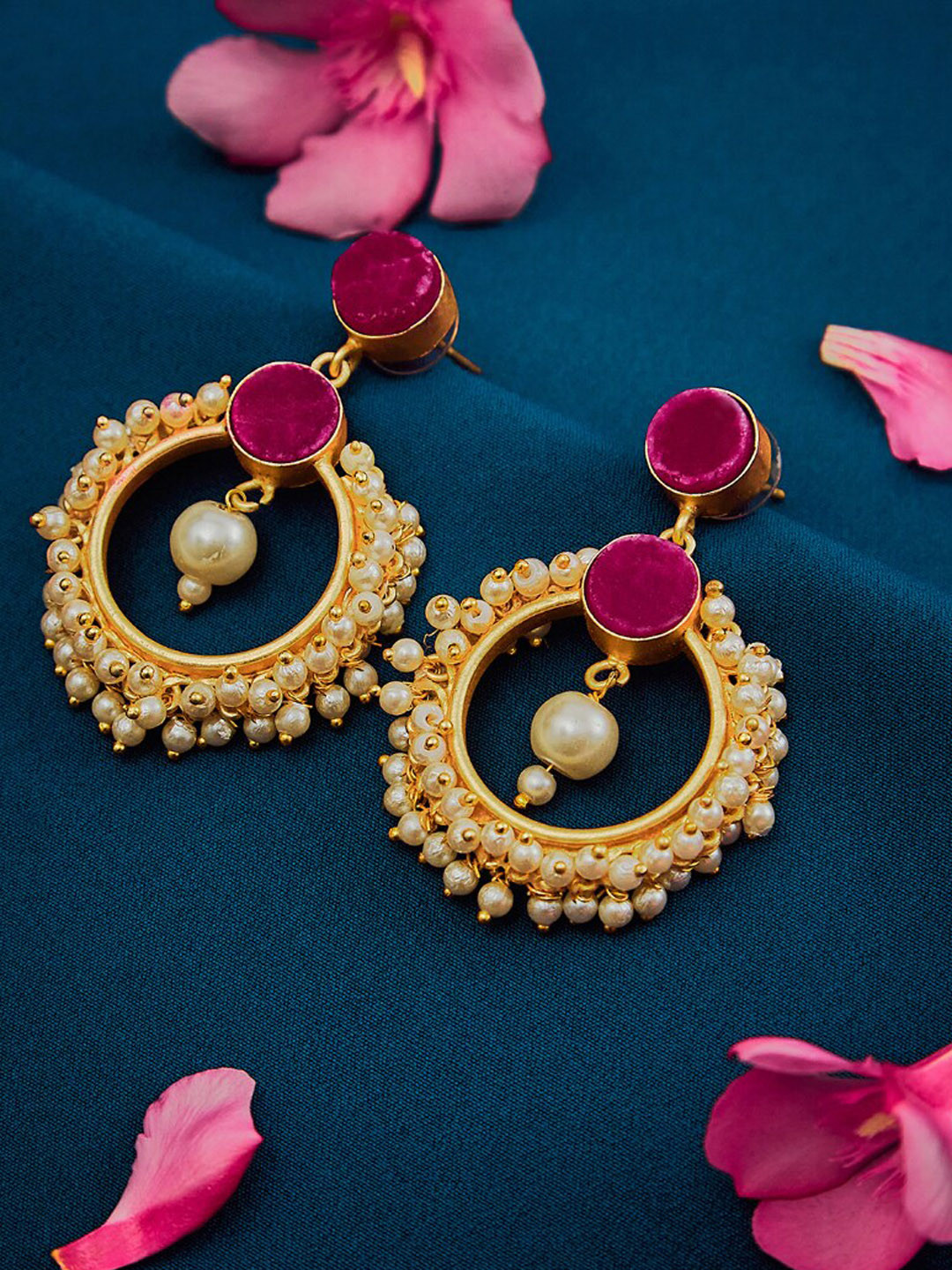 SOHI Gold-Plated Burgundy & White Stone Studded & Pearls Contemporary Drop Earrings