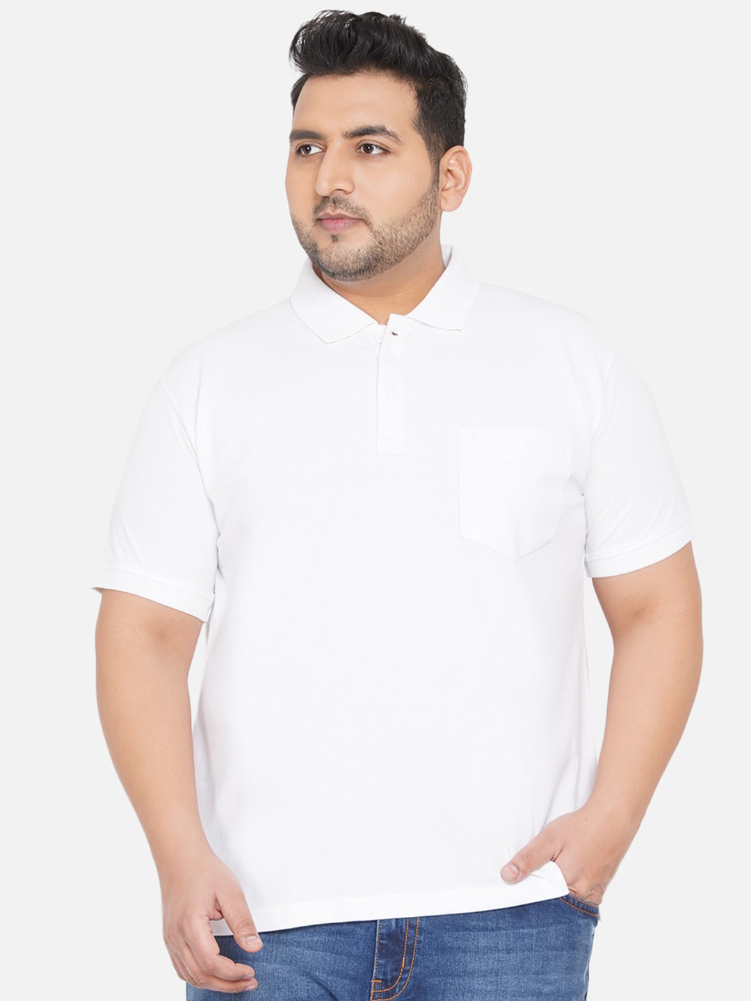John Pride Plus Size Men White Polo Collar Pocket Bio Finish T-shirt