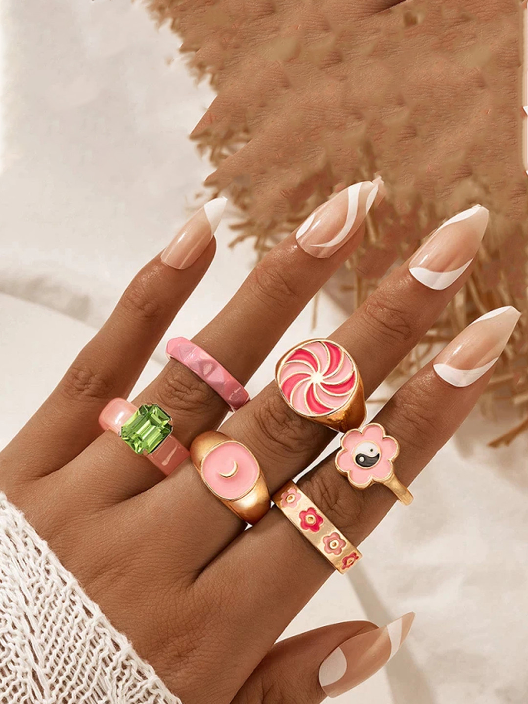 Jewels Galaxy Set Of 6 Gold-Plated Pink Adjustable Finger Ring