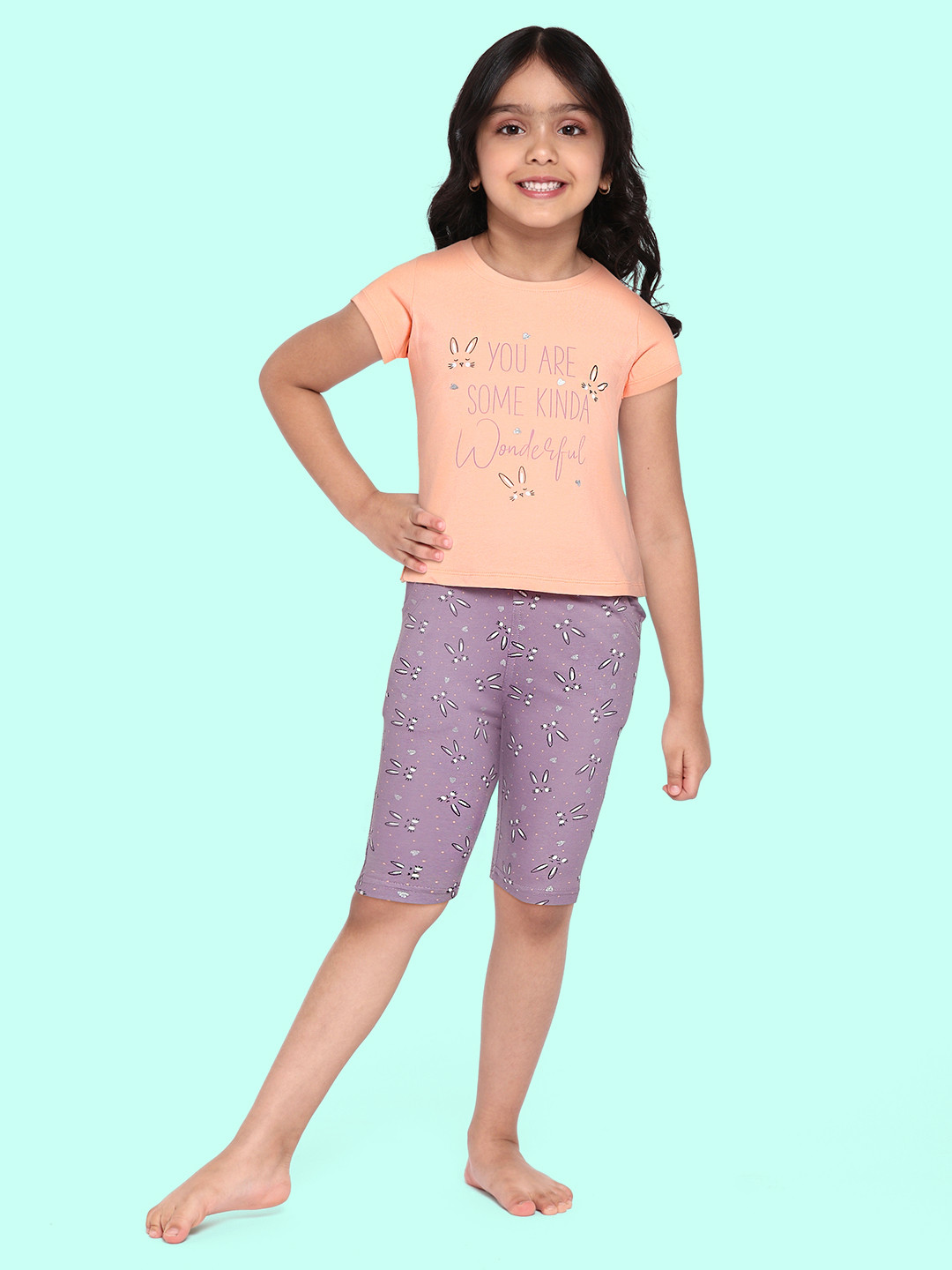 Sweet Dreams Girls Peach-Coloured & Purple Printed Pyjama Set