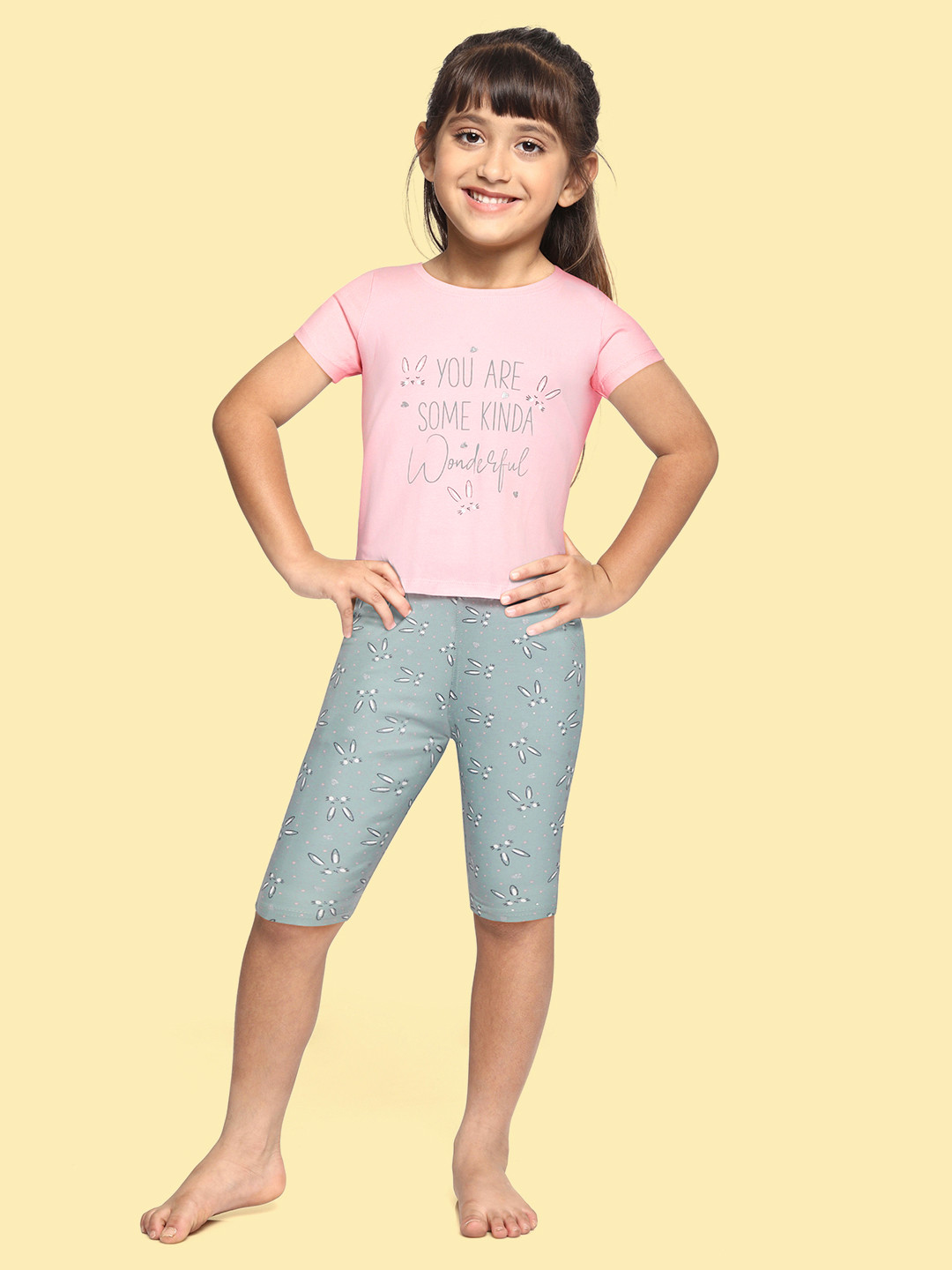 Sweet Dreams Girls Pink & Green Printed Pyjama Set